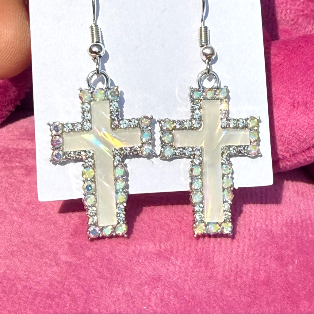 New Crystal Elegant Cross Rhinestone While Pearl Dangle Earrings